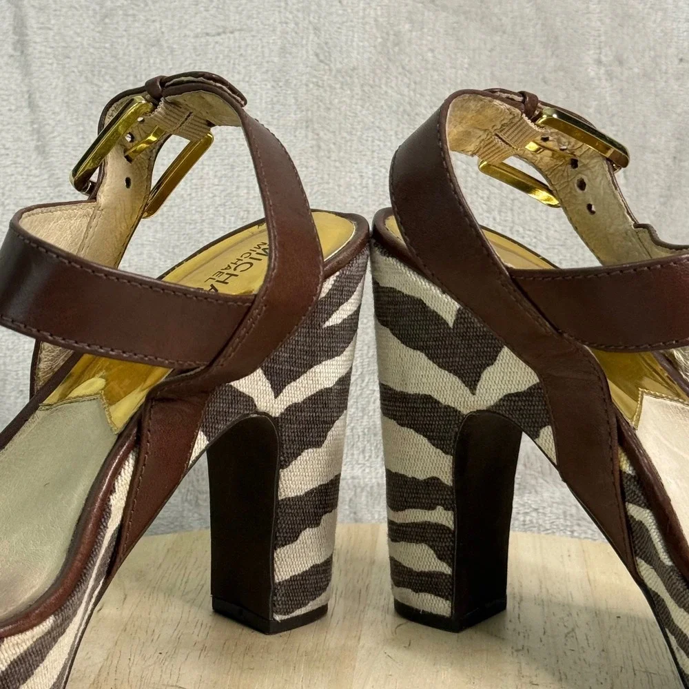 Michael Michael Kors Zebra Print Platform Sandals Brown Leather AB11K Size 8.5M